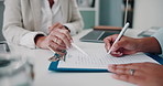 Hands, woman and therapist with paperwork in office for health insurance application, registration or contract. Healthcare, medical advice and psychologist at desk with documents for patient history