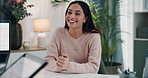 Happy woman, interview or meeting with tablet for hiring, career or job opportunity at office. Young, female person or candidate with smile for junior position, application or discussion at workplace