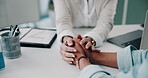 Holding hands, comfort and women with care in therapy for bad news, depression and mental health. Support, closeup and person with kindness, empathy and help for rehabilitation at psychology clinic