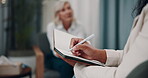 Patient, hands and psychologist writing in notebook for mental health consultation or diagnosis results. Psychology, woman and screening test with doctor for depression, anxiety or talking of stress
