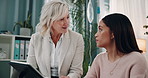 Mature, doctor and talking to patient in office with tablet for medical results of healthcare screening test. Professional, consultation and woman expert with appointment feedback, advice or support 