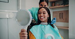 Woman, dentist and smile with patient on  mirror for dental surgery in clinic with teeth whitening and treatment. Hygiene, satisfied and happy on consultation for canal procedure and oral care