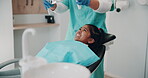 Little girl, dentist or light with smile for teeth cleaning, cavity or dental hygiene at clinic. Young child, kid or patient with orthodontist for oral, mouth or gum care on chair at private practice