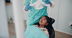 Pediatrician, dentist or kid in chair for tooth cleaning, oral hygiene or dental care. Teeth, orthodontics treatment or girl child in consultation for health, wellness or hands prepare lamp at clinic