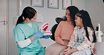 Child, women and dentist with toothbrush for hygiene, demonstration and education of teeth model cleaning. Girl, mother and orthodontist with interactive learning, health advice and dental clinic