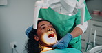 Mouth, happy woman and dentist check teeth for cleaning, oral hygiene and dental wellness. Tooth whitening, orthodontics treatment and patient in consultation for health results with light at clinic