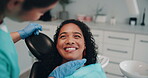 Woman, dentist and happy in office for oral care, consultation and pleased with results. Patient, orthodontist and procedure in practice for gum maintenance, hygiene and trust in chair for treatment