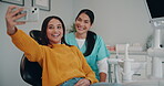 Women, dentist and happy with patient on selfie at clinic on consultation for social media and profile picture. People, doctor and smile or excited for oral care, teeth whitening and dental procedure