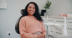 Dentist, happy and face of woman with smile for consulting, teeth whitening and wellness. Healthcare, dentistry and portrait of person in chair for dental hygiene, oral care and medical services