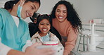 Dentist, selfie and child with mother for consulting, teeth whitening and dental wellness. Healthcare, dentistry and women with girl smile for hygiene, oral cleaning and medical service results