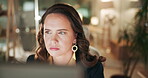 Face, woman and reading on computer at night with online research for deadline and overtime at office. Female person, employee and concentration as administrator for email notification and schedule