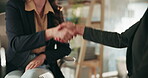 Handshake, meeting and success with financial business people in office together for agreement or merger. Deal, finance and thank you with employee team shaking hands at work at night for contract