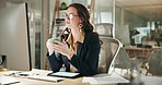 Night, coffee and research with business woman for online, thinking and administration. Auditor, processing clerk and booking report with person and drink in agency for system record and feedback