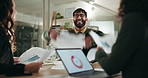 Business, man and throw document for success in office of finance growth, project achievement and winner. People, high five and paperwork with promotion celebration, investment and applause at night