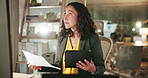 Business woman, tablet or night with documents for finance, company revenue or statistics at office. Female person, accountant or employee working late with technology for corporate expenses or bills