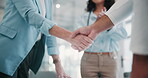 Business people, handshake and meeting for deal, discussion and applause with partnership and clinic funding. Office, teamwork and hospital director with health, agreement and medical support