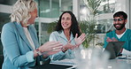 Happy people, laptop and team with applause for congratulations, meeting or good news at hospital. Business woman, group and healthcare employees clapping for fund, winning or promotion in boardroom