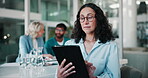 Tablet, mature woman and hospital office with research for medical finance or funding. Director, digital technology and clinic administrator meeting for healthcare, scroll or internet for information