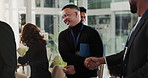 Success, handshake and business people at corporate seminar with opportunity, meeting or b2b deal. Introduction, men and woman shaking hands, networking or connect at conference for onboarding growth