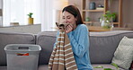 Laundry, happy and woman smell clothes with smile for housekeeping, spring cleaning and washing. Housewife, living room and aroma with basket of clothing, fresh linen or fabric scent for home comfort