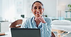 Happy woman, doctor and clinic with laptop for healthcare advice, online booking or schedule appointment. Portrait, female person or therapist with smile on computer for telehealth help at hospital