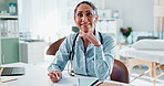 Happy woman, doctor and writing with note for prescription, checkup or diangosis at hospital desk. Portrait, female person or medical employee with smile for consultation, visit or clinic appointment