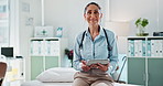 Tablet, doctor and face of happy woman in hospital for research app, telehealth and check email online. Technology, smile and portrait of medical physiotherapist in clinic for healthcare in Mexico