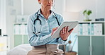 Happy woman, doctor and hands with tablet for medical research, telehealth or new discovery at hospital. Closeup, female person or healthcare employee on technology with smile for online medicare