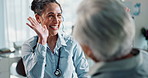 Happy woman, high five and elderly care with patient for consultation, advice or teamwork at hospital. Female person, medical employee and senior with success for healthcare support, trust or help