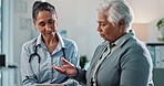 Doctor, senior woman and tablet for examination in clinic, talk and feedback on test for diagnosis. Physician, elderly person and speaking to nurse in hospital, discuss insurance and healthcare