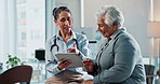 Doctor, senior woman and tablet for advice in clinic, talking and feedback on test for diagnosis. Physician, elderly person and speaking to nurse in hospital, discuss medical insurance and healthcare