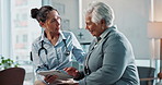Doctor, senior woman and tablet for checkup in clinic, talk and feedback on test for diagnosis. Physician, elderly person and speaking to nurse in hospital, discuss medical insurance and healthcare