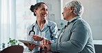 Doctor, old woman and tablet for examination in clinic, talk and feedback on test for diagnosis. Physician, person with disability and speaking to nurse, discuss arthritis recovery and healthcare