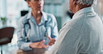 Doctor, senior woman and examination in clinic, talking and feedback on test for diagnosis. Physician, elderly person and speaking to nurse in hospital, discuss medical insurance and healthcare