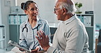 Doctor, old man and tablet for brain scan in hospital, talk and feedback on test for neurology diagnosis. Physician, elderly person and speaking to nurse, explaining xray anatomy and healthcare