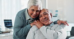 Senior, couple and happy with hug in clinic for healthcare support, consultation and comfort for rehabilitation. Elderly, people and portrait in hospital for medical checkup, caregiver and empathy