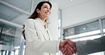 Business woman, handshake and support for negotiation, deal or legal settlement in law firm or dispute. People, agreement and office as employee in crisis resolution, court case or mediation process