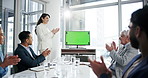 Computer, green screen and business people with applause for presentation in office for financial forecasting. Finance team, tracking markers and tech with chroma key for for company investment plan.