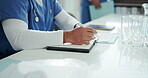Notebook, healthcare and thinking with hand of doctor for medical planning, brainstorming and virologist specialist. Mpox research, diagnostic protocol and medicine report with person writing ideas