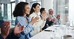 Presentation, applause and business people in office with good news, achievement or success. Happy, clapping hands and project management employees in meeting for celebration in workplace boardroom