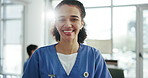 Happy, woman and face of nurse in clinic with pride for medical career, patient care or service. Smile, job and portrait of female icu healthcare worker from Brazil with confidence in hospital.