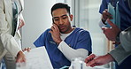 Multitask, busy and nurse with documents in office for administration anxiety, stress or burnout. Time management, phone call and male healthcare worker with medical paperwork with clinic chaos.