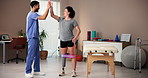 Balance, high five or prosthetic with patient and physiotherapist in office for recovery or rehabilitation. Exercise, smile or success with amputee woman and man in physical therapy clinic together