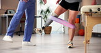 Legs, prosthetic or resistance band with patient and physiotherapist in office for recovery or rehabilitation. Balance, exercise or strength with amputee person and medicine professional in therap