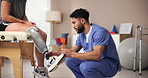 Nurse, robotic legs and patient with physical therapy, healthcare and advice for routine, recovery or healing. Medical, closeup or professional with rehabilitation, care and person with disability