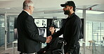 CCTV, handshake and supervisor talking to security staff in office for instructions, meeting or surveillance. Communication, computer screen and manager person shaking hands with monitoring team