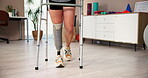 Feet, walker and physiotherapy with prosthetic leg as amputee at wellness center for training or exercise. Person with a disability, patient and support at rehabilitation clinic for muscle or balance