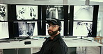 Security guard, surveillance and man in office, screen and watch of footage in computer and glasses. Handshake, switch and greeting for nightshift, headset and people in uniform, team and supervision