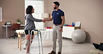 Walking frame, woman and handshake with physiotherapist for greeting, welcome or meeting. Amputee, physical therapy or shaking hands with person with disability in rehabilitation for health in clinic