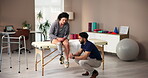 People, support and physiotherapy with prosthetic leg as amputee at wellness center for training or exercise. Person with a disability, patient and medic at rehabilitation clinic for health or advice